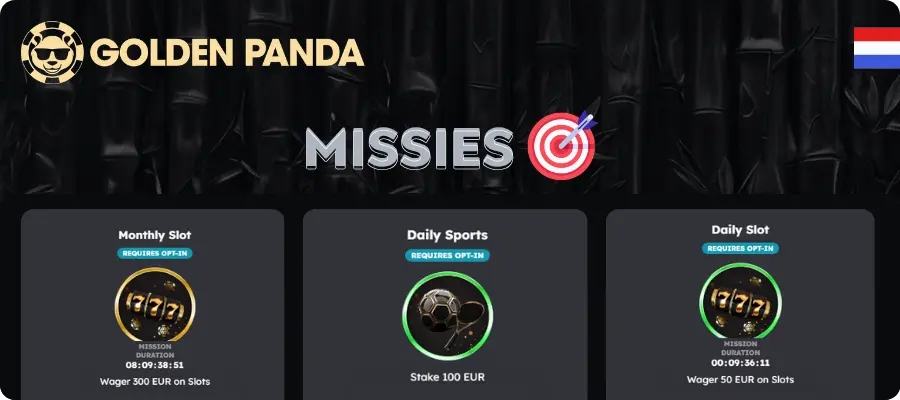 Golden Panda casino Missions-tab met opdrachten en beloningen